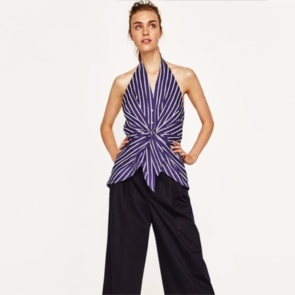 Zara Blue & White Striped Tie Front Halter Top NWT - Picture 1 of 5